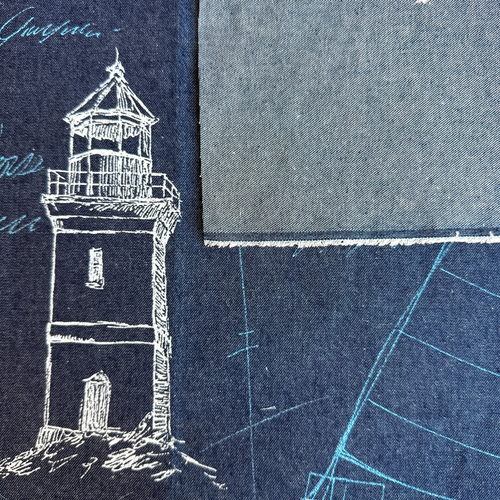 Denim med maritime tegninger